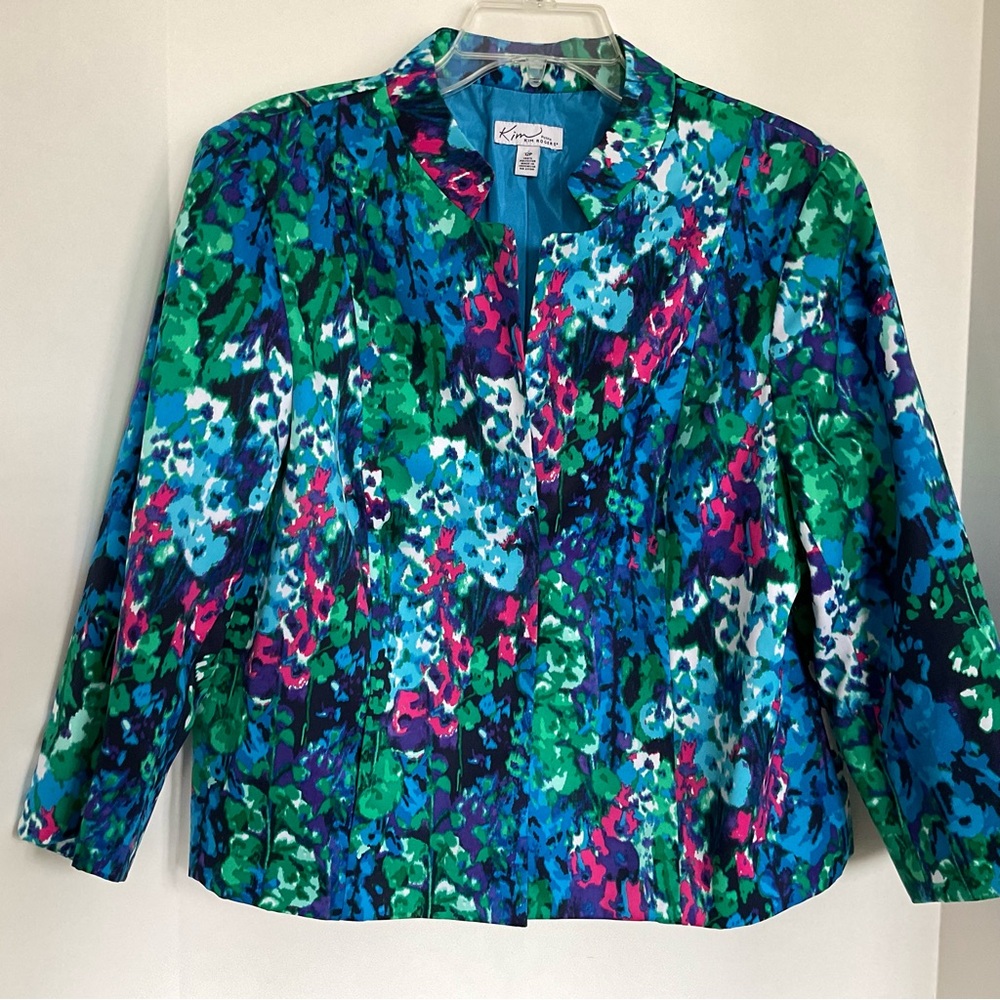 Kim Rogers Multicolor Floral-Print Button Front Jacket - Blue Green Pink Sz 12P